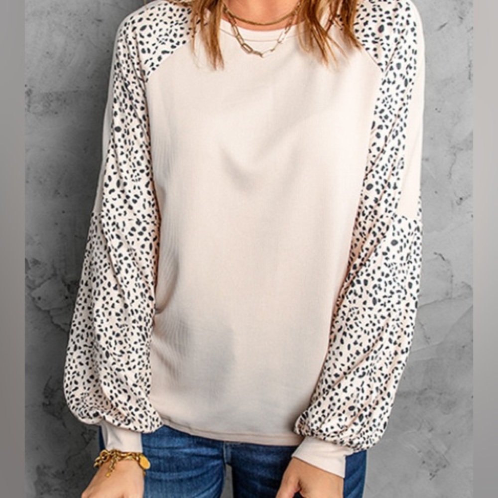 *Last One* Plus Size Cream Ribbed Top w/ Leopard Print Balloon Sleeves, 2X - Picture 3 of 14